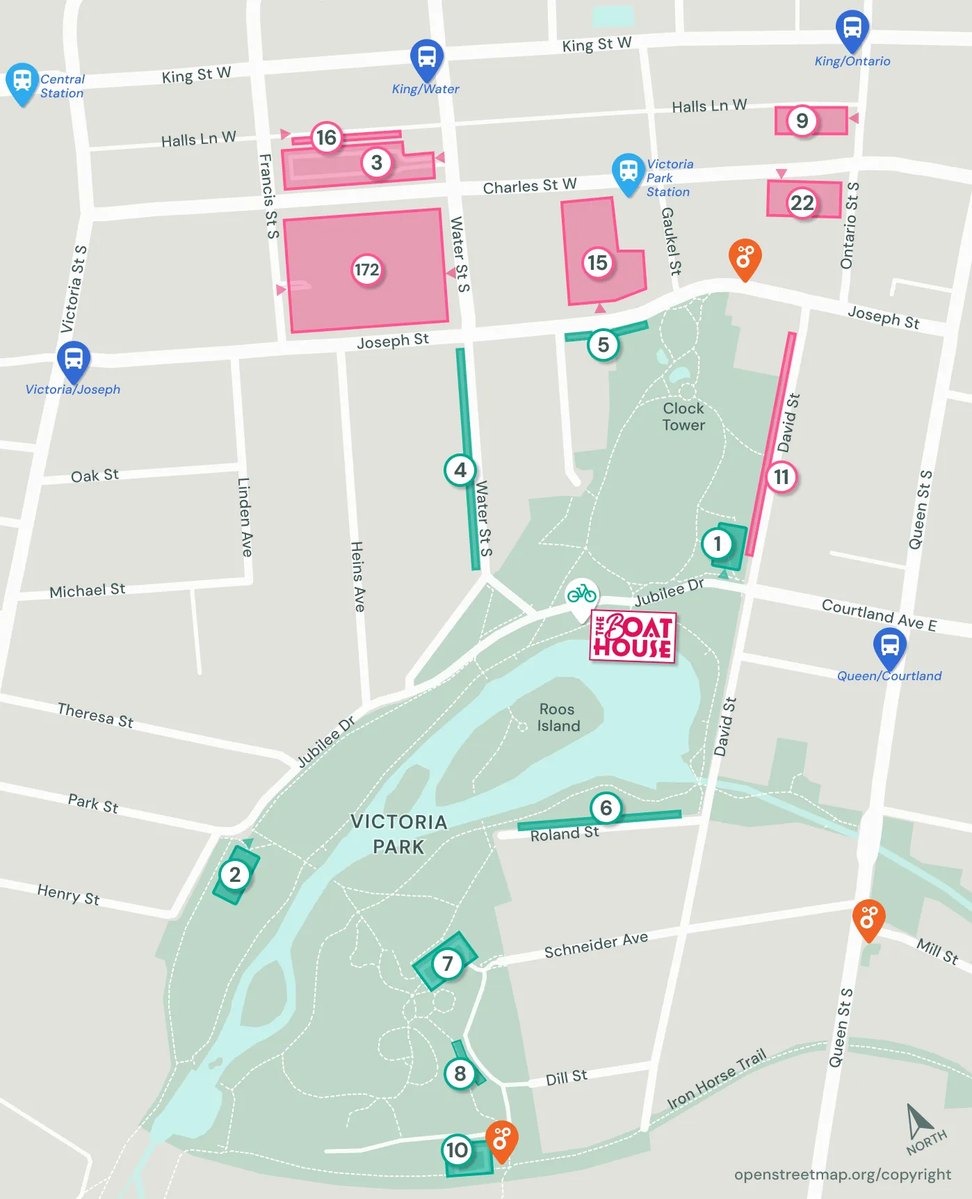 Map of parking locations near Boathouse DTK